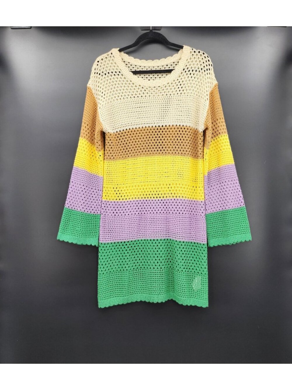Open Knit Crochet Dress Large Striped Cover Up Festival Hippie Boho Coastal Pool